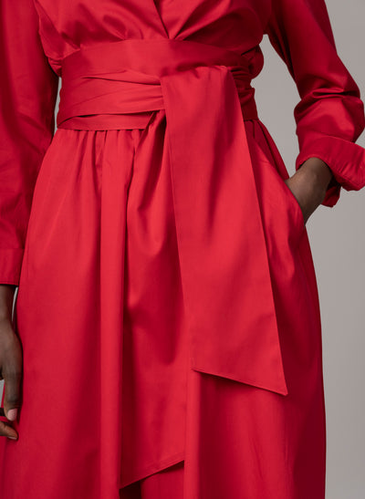 Christiane Red Cotton Sateen Everyday Midi Length Shirt Dress