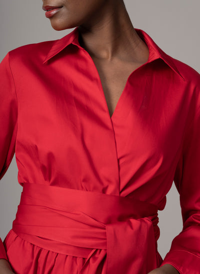 Christiane Red Cotton Sateen Everyday Midi Length Shirt Dress