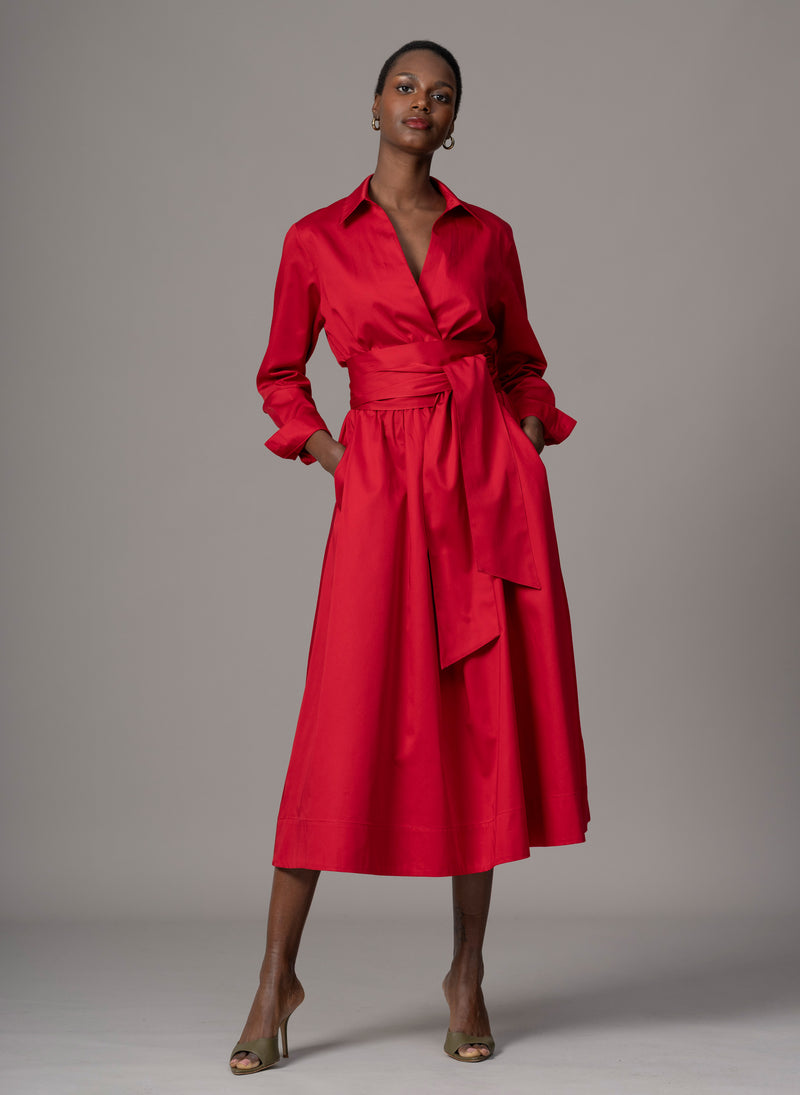 Christiane Red Cotton Sateen Everyday Midi Length Shirt Dress