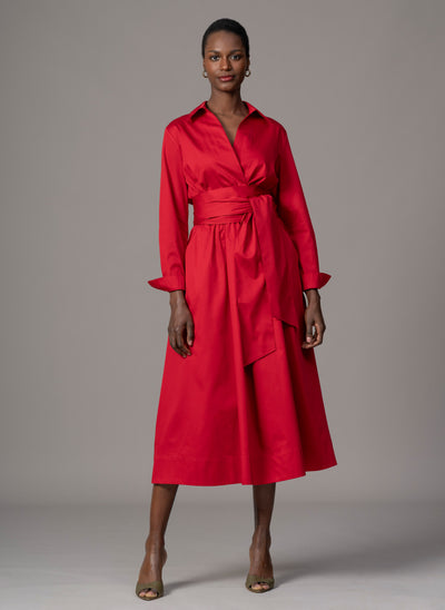 Christiane Red Cotton Sateen Everyday Midi Length Shirt Dress