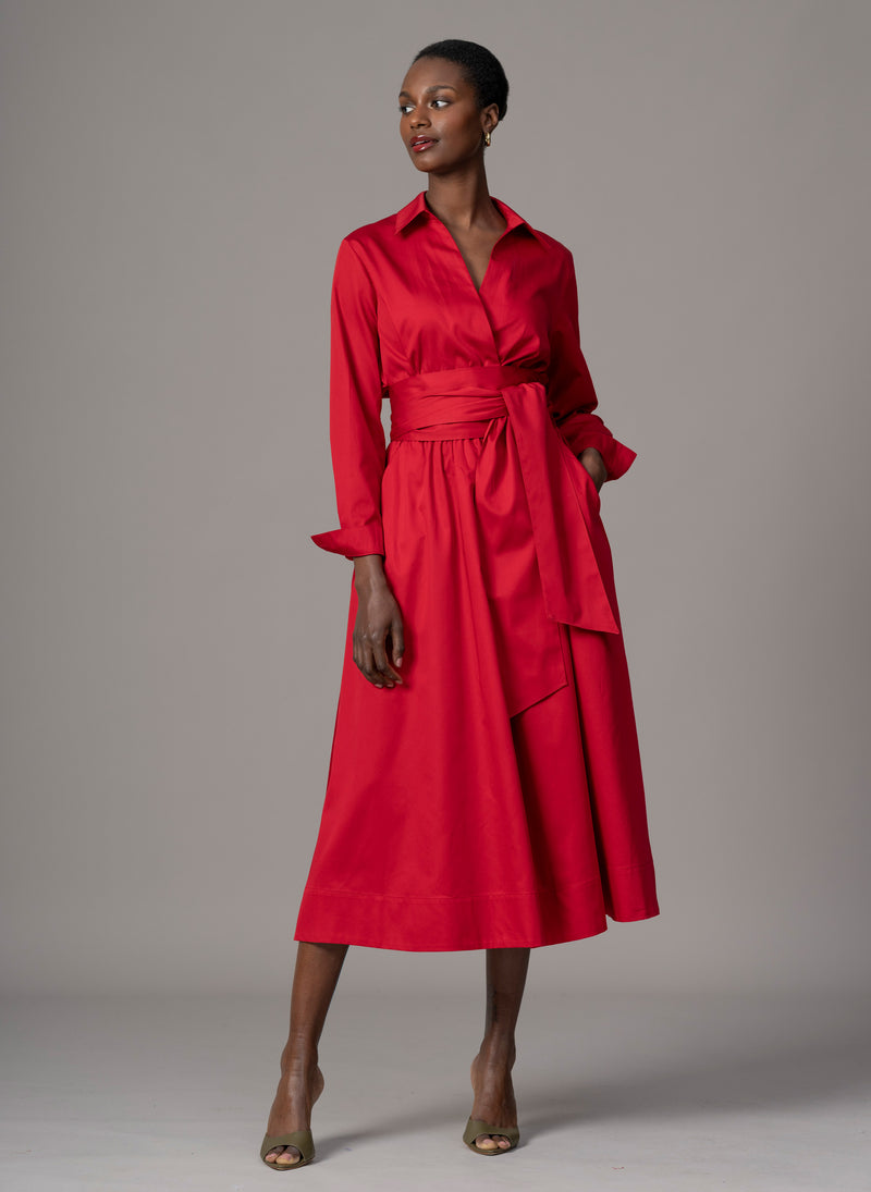 Christiane Red Cotton Sateen Everyday Midi Length Shirt Dress
