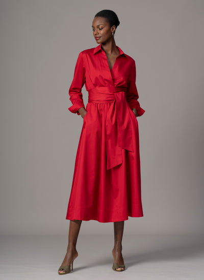 Christiane Red Cotton Sateen Everyday Midi Length Shirt Dress