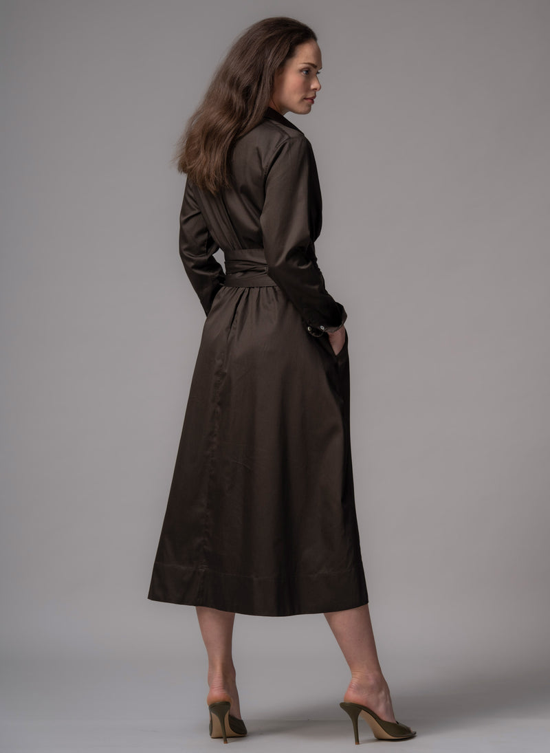 Christiane Chocolate Cotton Sateen Everyday Midi Length Shirt Dress