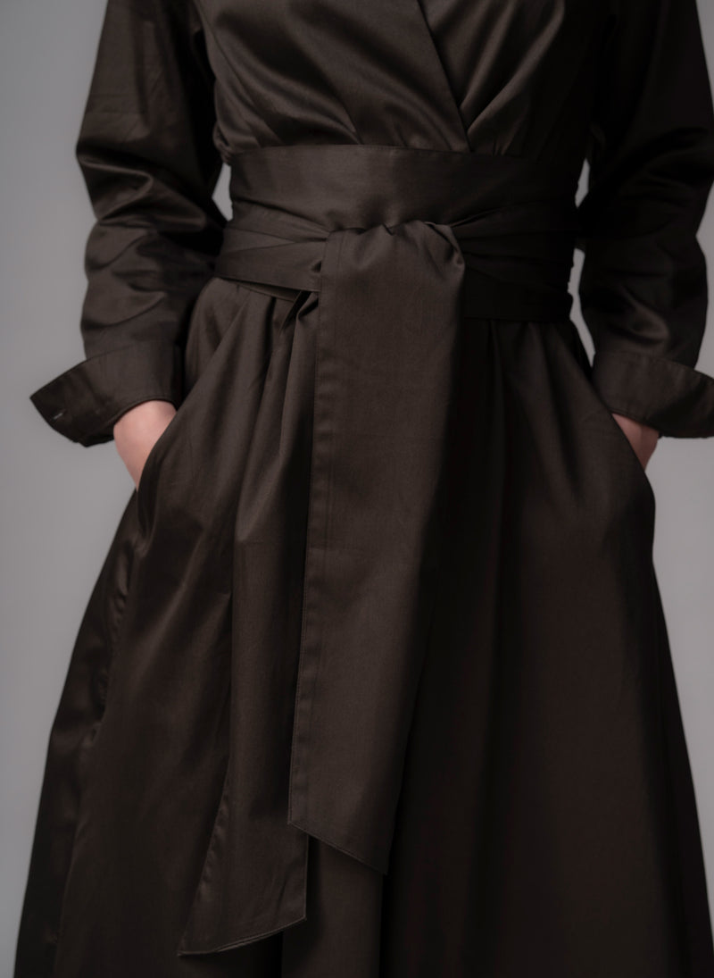 Christiane Chocolate Cotton Sateen Everyday Midi Length Shirt Dress