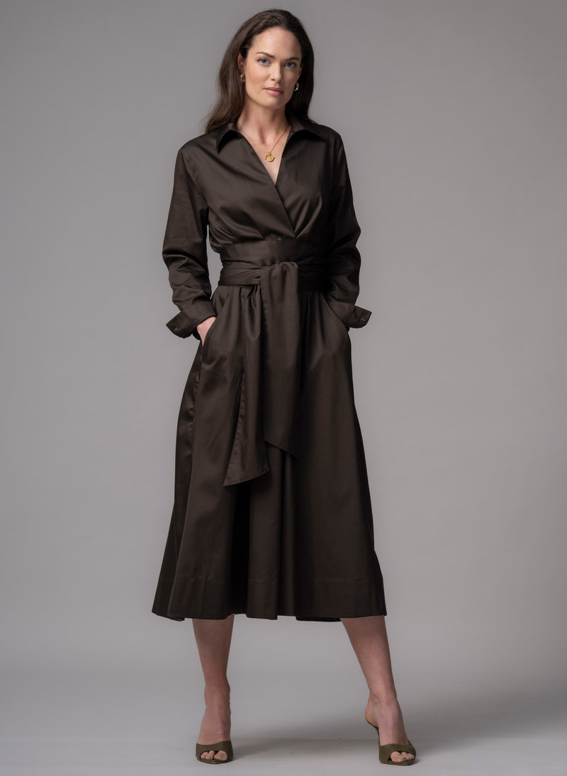 Christiane Chocolate Cotton Sateen Everyday Midi Length Shirt Dress