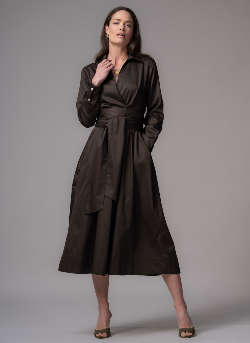 Christiane Chocolate Cotton Sateen Everyday Midi Length Shirt Dress
