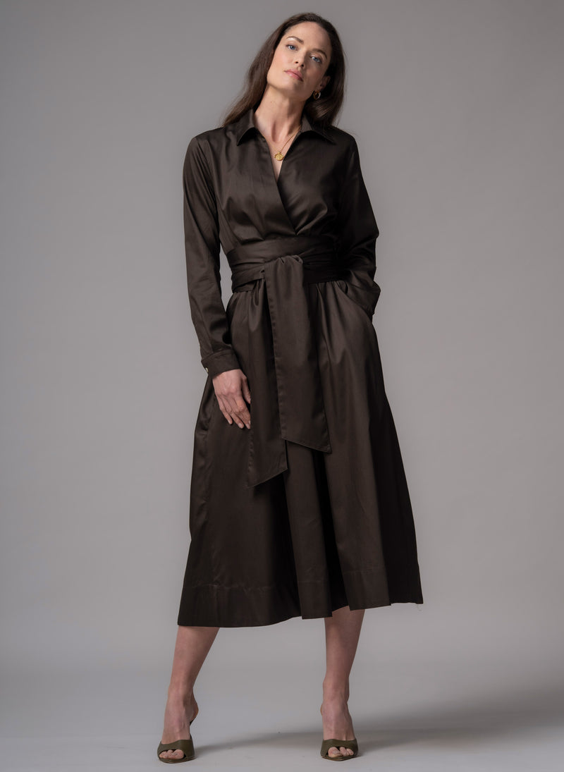 Christiane Chocolate Cotton Sateen Everyday Midi Length Shirt Dress