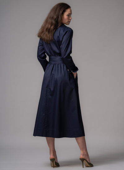 Christiane Navy Cotton Sateen Everyday Midi Length Shirt Dress