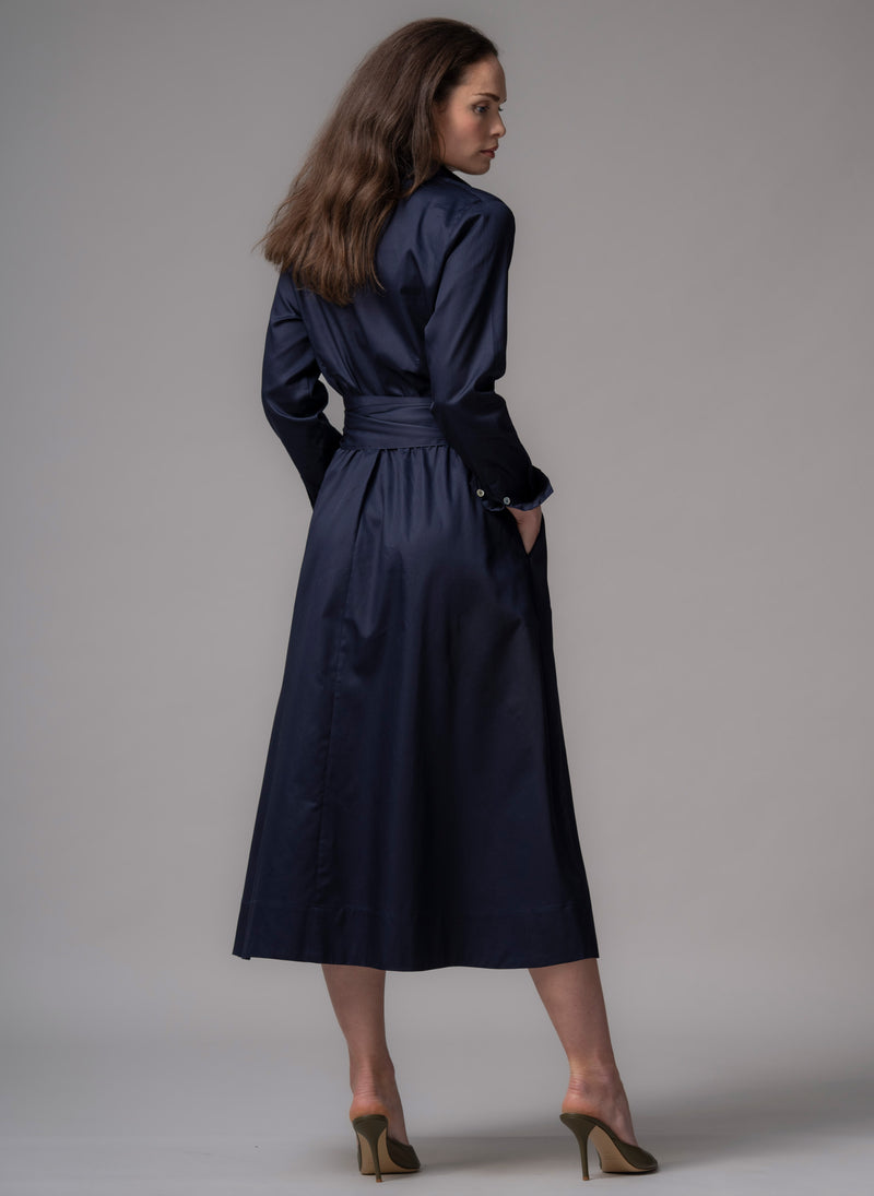 Christiane Navy Cotton Sateen Everyday Midi Length Shirt Dress