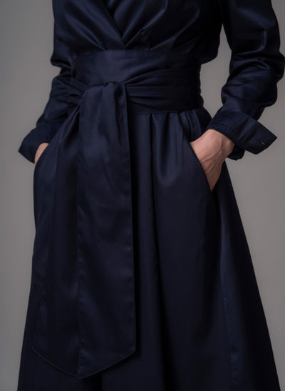 Christiane Navy Cotton Sateen Everyday Midi Length Shirt Dress