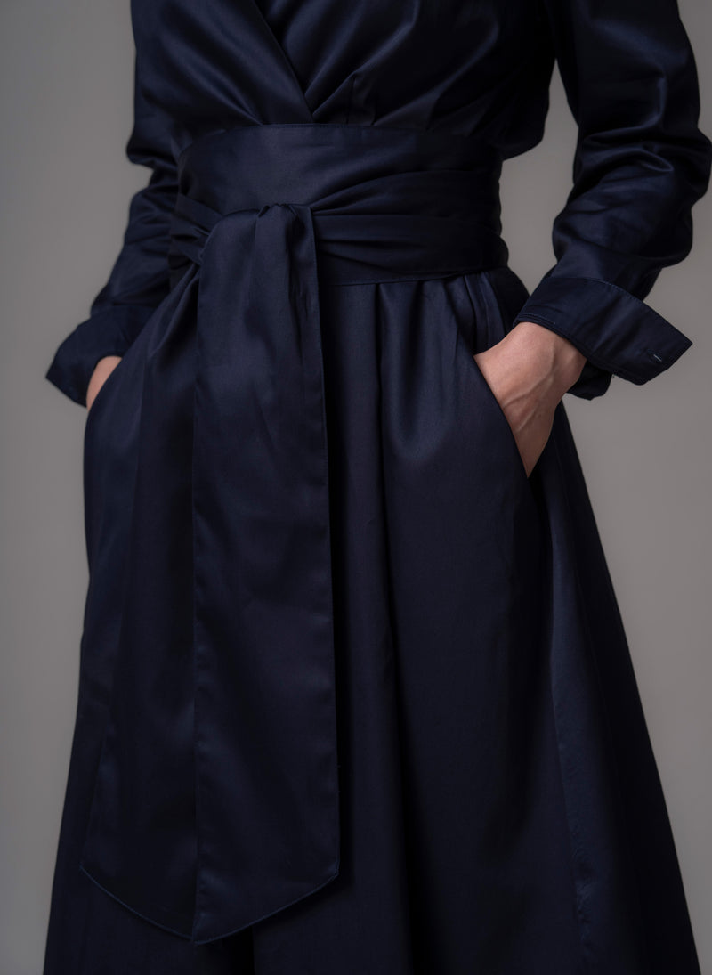 Christiane Navy Cotton Sateen Everyday Midi Length Shirt Dress