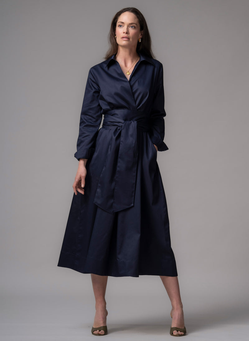 Christiane Navy Cotton Sateen Everyday Midi Length Shirt Dress
