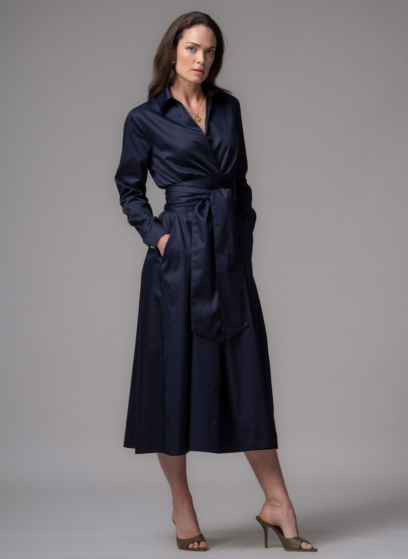 Christiane Navy Cotton Sateen Everyday Midi Length Shirt Dress