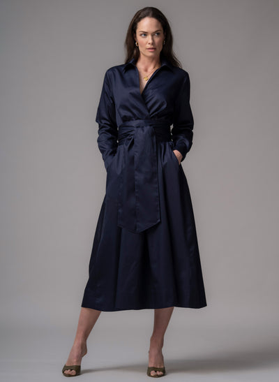 Christiane Navy Cotton Sateen Everyday Midi Length Shirt Dress