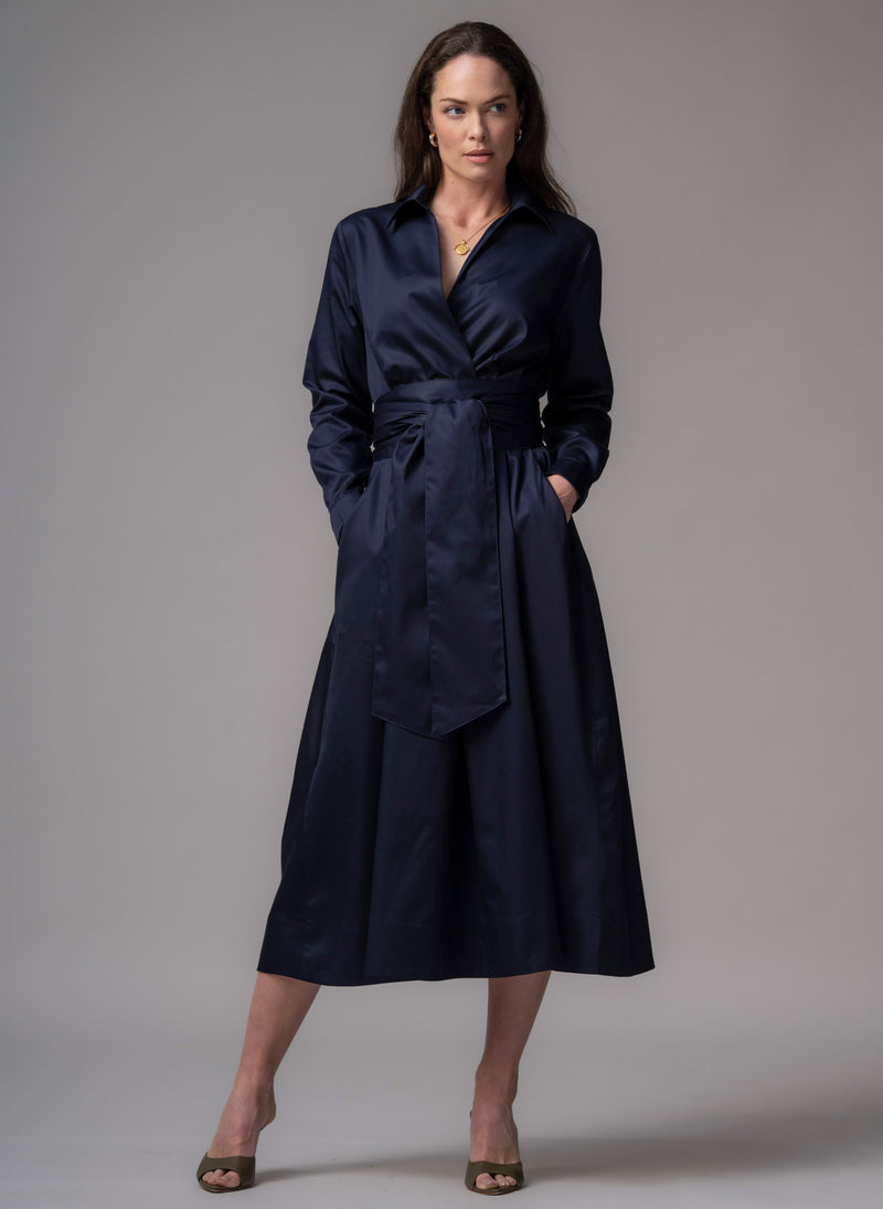 Christiane Navy Cotton Sateen Everyday Midi Length Shirt Dress