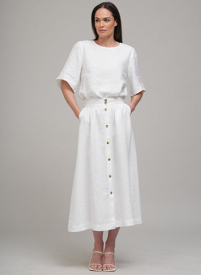 CLARETTE BUTTON FRONT LINEN MIDI SKIRT IN WHITE