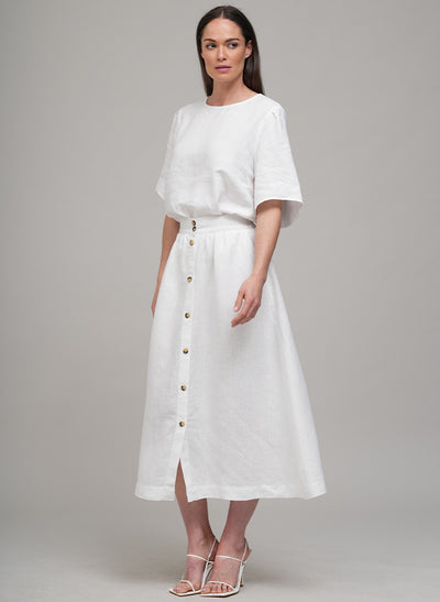 CLARETTE BUTTON FRONT LINEN MIDI SKIRT IN WHITE