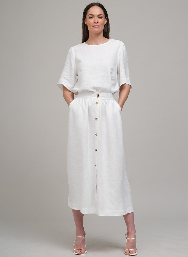CLARETTE BUTTON FRONT LINEN MIDI SKIRT IN WHITE