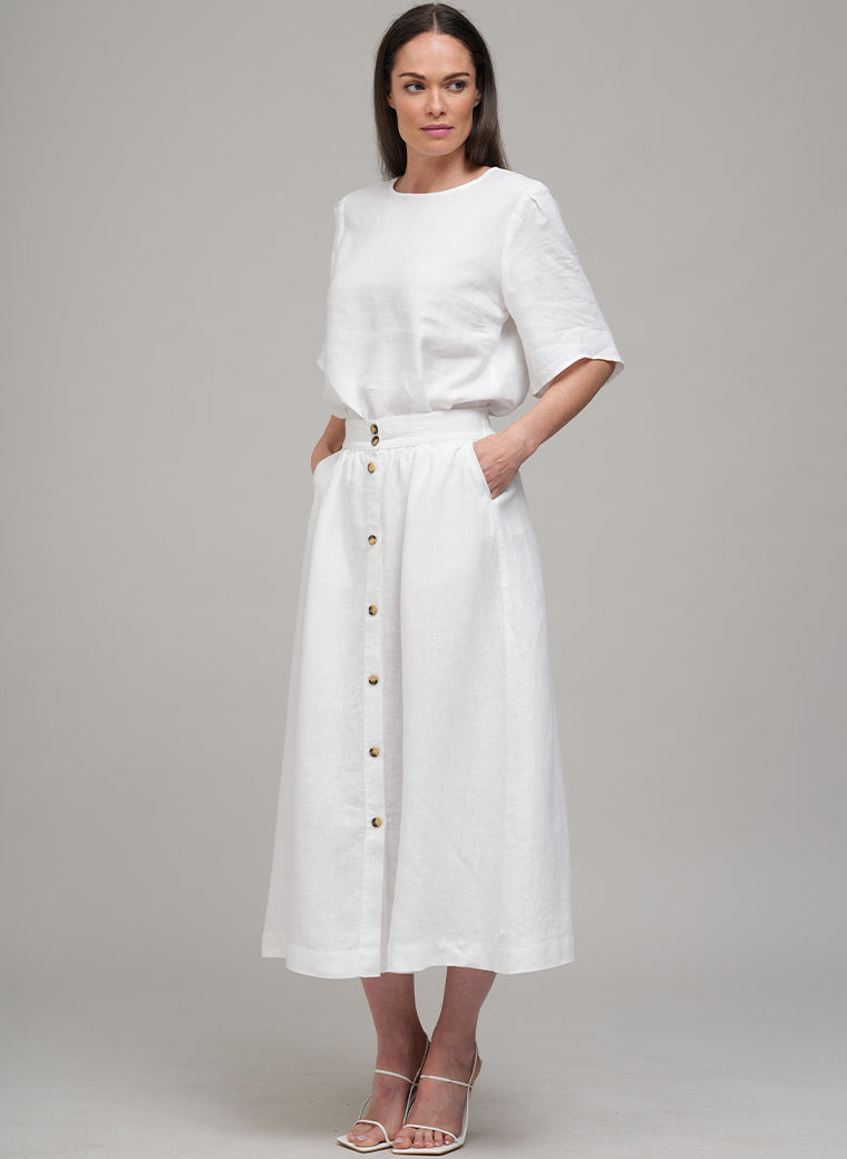 CLARETTE BUTTON FRONT LINEN MIDI SKIRT IN WHITE