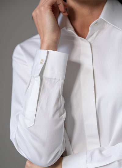 CLAUDETTE "THE MINIMALIST" WHITE CONCEALED PLACKET ORGANIC COTTON SHIRT