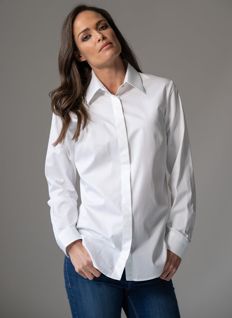 CLAUDETTE "THE MINIMALIST" WHITE CONCEALED PLACKET ORGANIC COTTON SHIRT