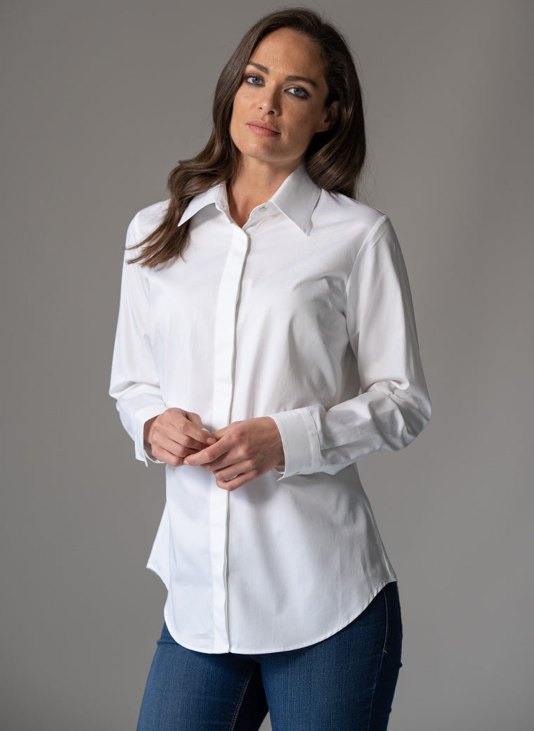 CLAUDETTE "THE MINIMALIST" WHITE CONCEALED PLACKET ORGANIC COTTON SHIRT