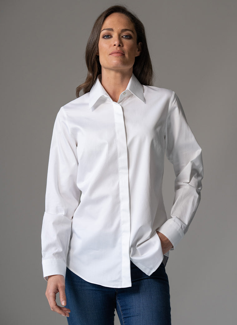 CLAUDETTE "THE MINIMALIST" WHITE CONCEALED PLACKET ORGANIC COTTON SHIRT