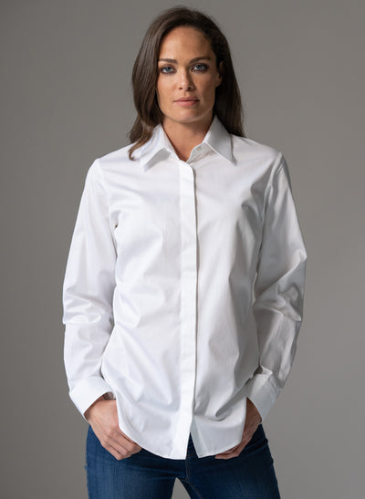 CLAUDETTE "THE MINIMALIST" WHITE CONCEALED PLACKET ORGANIC COTTON SHIRT