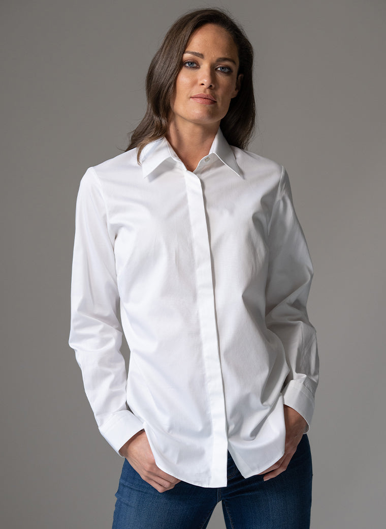 CLAUDETTE "THE MINIMALIST" WHITE CONCEALED PLACKET ORGANIC COTTON SHIRT