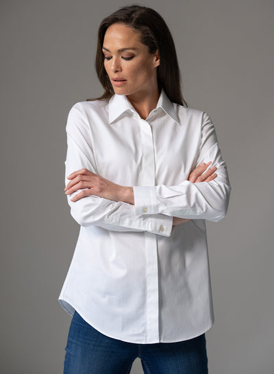 CLAUDETTE "THE MINIMALIST" WHITE CONCEALED PLACKET ORGANIC COTTON SHIRT