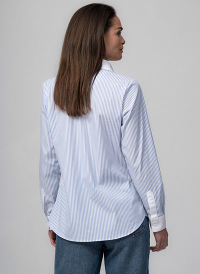 CLAUDETTE "THE MINIMALIST" LIGHT BLUE & WHITE STRIPE CONCEALED PLACKET COTTON SHIRT WITH CONTRASTING COLLAR AND CUFFS