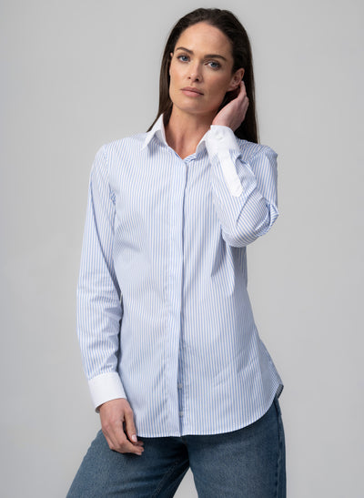 CLAUDETTE "THE MINIMALIST" LIGHT BLUE & WHITE STRIPE CONCEALED PLACKET COTTON SHIRT WITH CONTRASTING COLLAR AND CUFFS