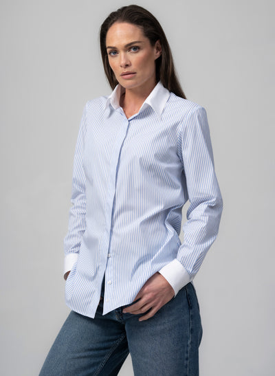 CLAUDETTE "THE MINIMALIST" LIGHT BLUE & WHITE STRIPE CONCEALED PLACKET COTTON SHIRT WITH CONTRASTING COLLAR AND CUFFS