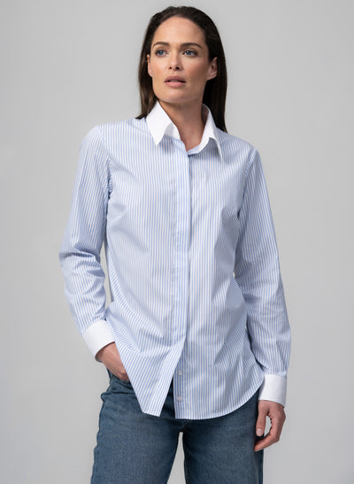 CLAUDETTE "THE MINIMALIST" LIGHT BLUE & WHITE STRIPE CONCEALED PLACKET COTTON SHIRT WITH CONTRASTING COLLAR AND CUFFS