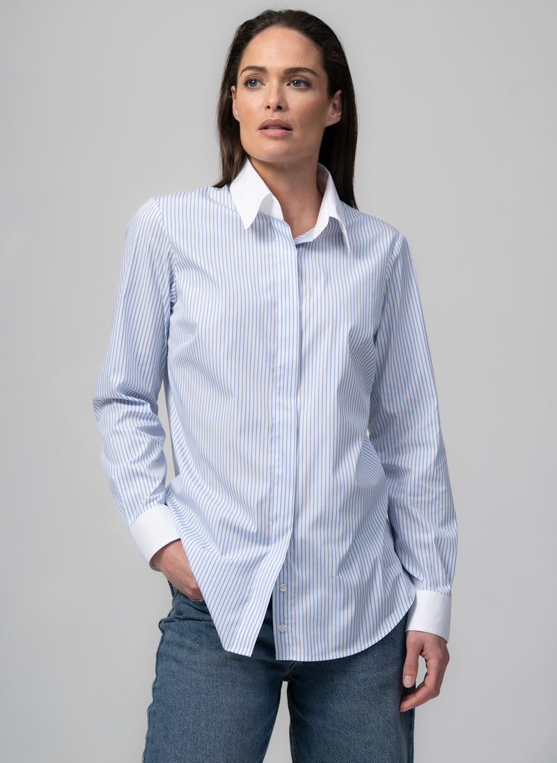 CLAUDETTE "THE MINIMALIST" LIGHT BLUE & WHITE STRIPE CONCEALED PLACKET COTTON SHIRT WITH CONTRASTING COLLAR AND CUFFS