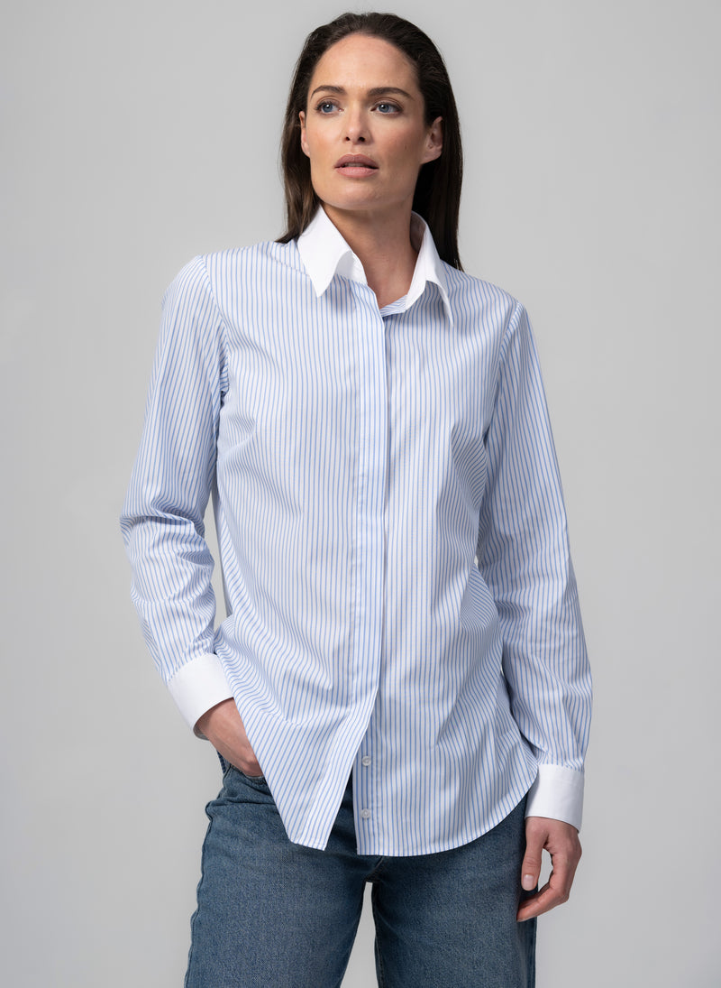 Claudette "The Minimalist" Light Blue & White Stripe Cotton Shirt