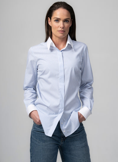 CLAUDETTE "THE MINIMALIST" LIGHT BLUE & WHITE STRIPE CONCEALED PLACKET COTTON SHIRT WITH CONTRASTING COLLAR AND CUFFS