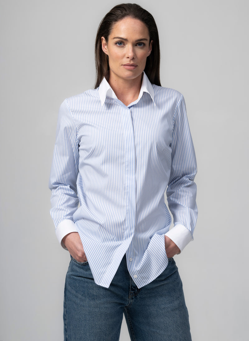 Claudette "The Minimalist" Light Blue & White Stripe Cotton Shirt