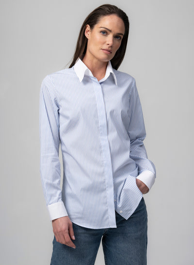 CLAUDETTE "THE MINIMALIST" LIGHT BLUE & WHITE STRIPE CONCEALED PLACKET COTTON SHIRT WITH CONTRASTING COLLAR AND CUFFS