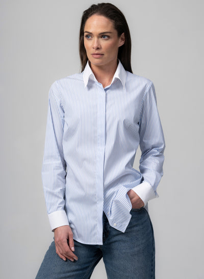 CLAUDETTE "THE MINIMALIST" LIGHT BLUE & WHITE STRIPE CONCEALED PLACKET COTTON SHIRT WITH CONTRASTING COLLAR AND CUFFS