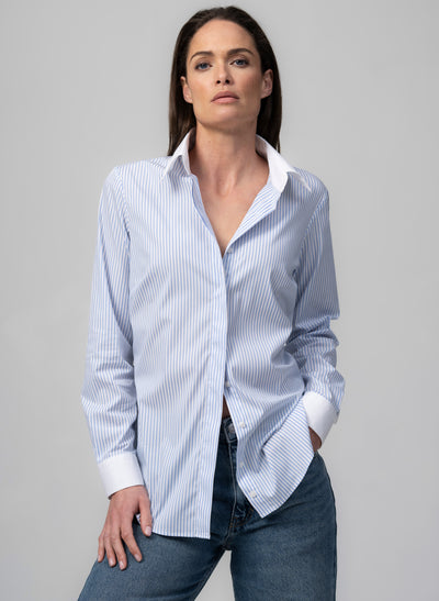 CLAUDETTE "THE MINIMALIST" LIGHT BLUE & WHITE STRIPE CONCEALED PLACKET COTTON SHIRT WITH CONTRASTING COLLAR AND CUFFS