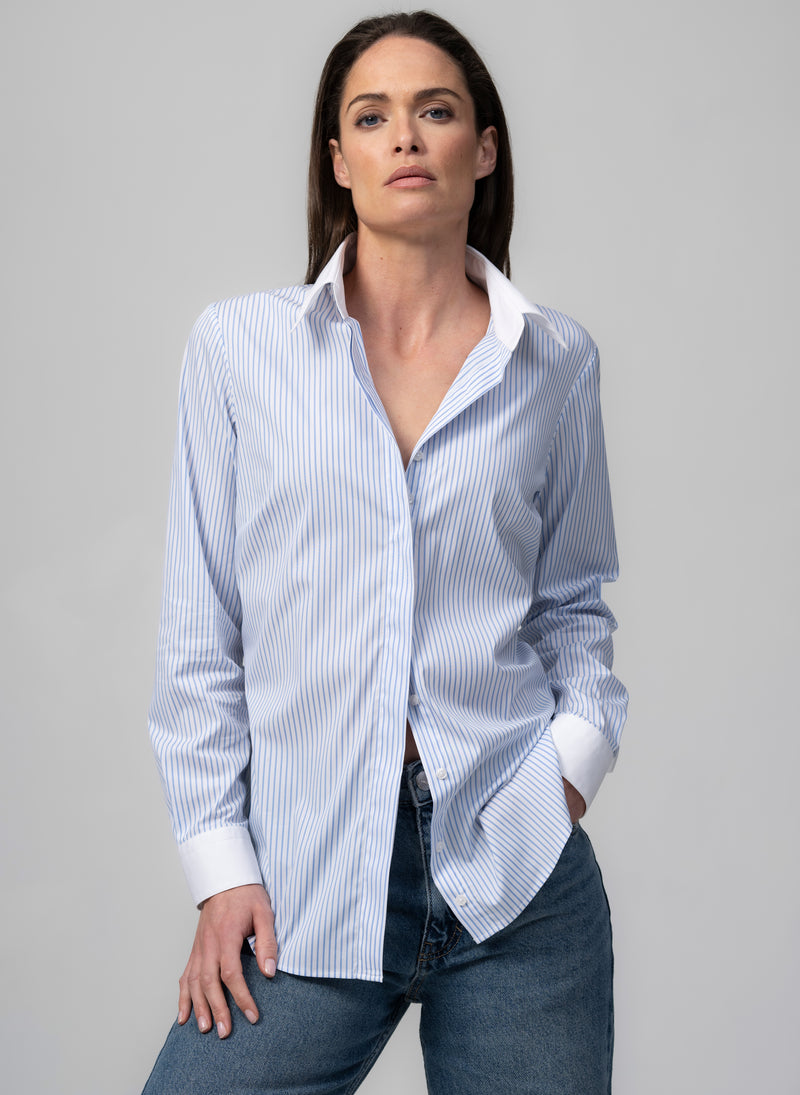 CLAUDETTE "THE MINIMALIST" LIGHT BLUE & WHITE STRIPE CONCEALED PLACKET COTTON SHIRT WITH CONTRASTING COLLAR AND CUFFS