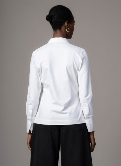 Claudia White Elegant Cotton Jersey Shirt with Woven Collar & Cuffs