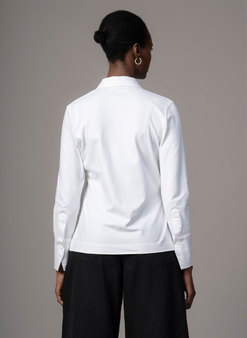 Claudia White Elegant Cotton Jersey Shirt with Woven Collar & Cuffs