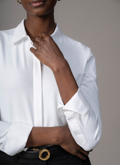 Claudia White Elegant Cotton Jersey Shirt with Woven Collar & Cuffs