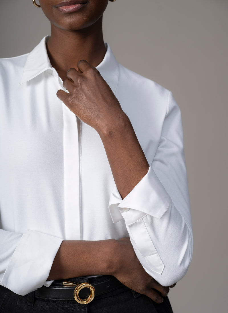 Claudia White Elegant Cotton Jersey Shirt with Woven Collar & Cuffs