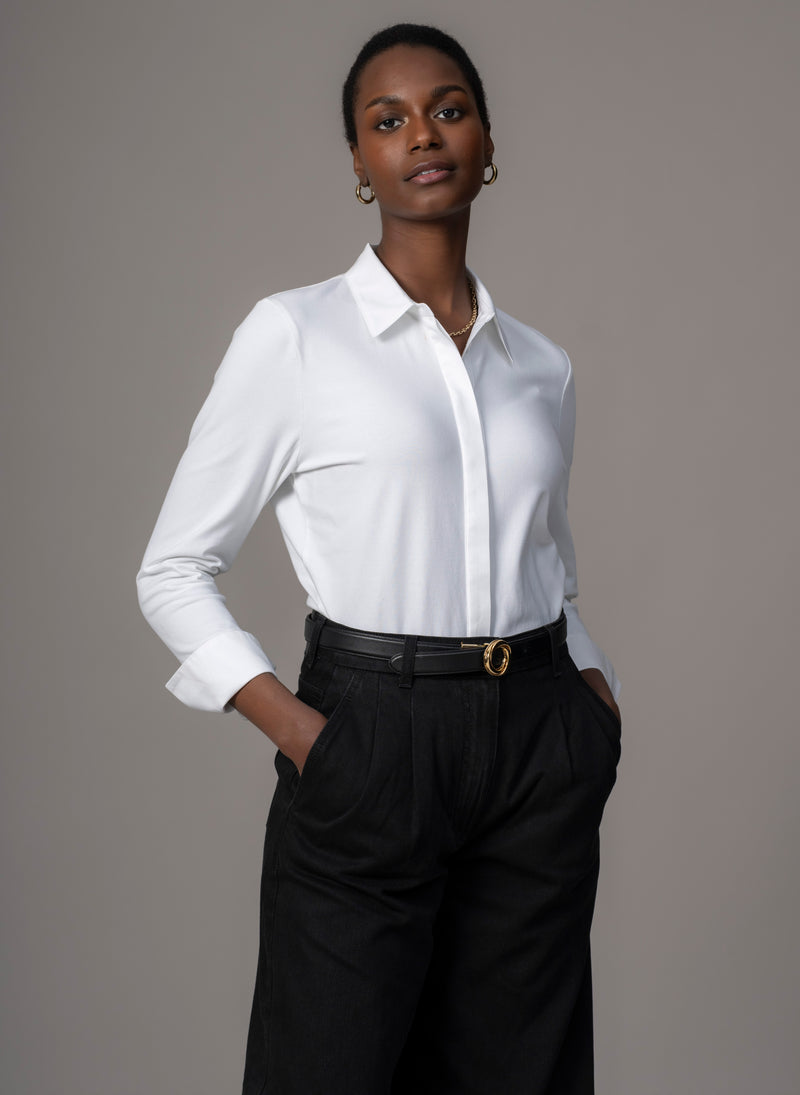 Claudia White Elegant Cotton Jersey Shirt with Woven Collar & Cuffs