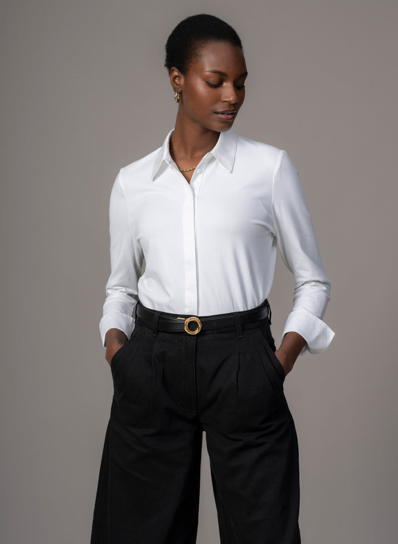 Claudia White Elegant Cotton Jersey Shirt with Woven Collar & Cuffs
