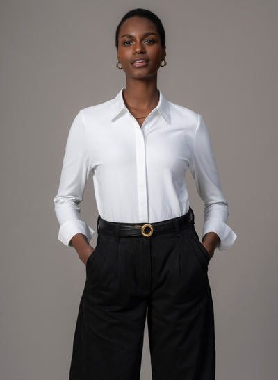 Claudia White Elegant Cotton Jersey Shirt with Woven Collar & Cuffs