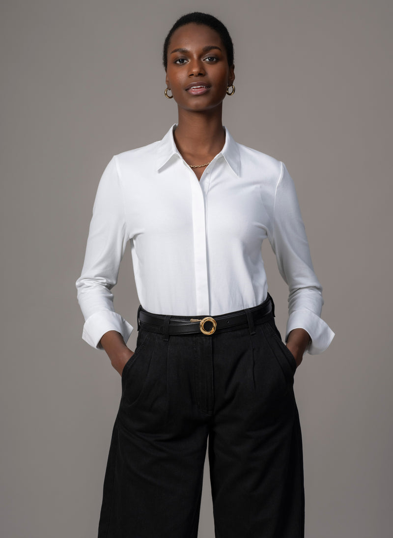 Claudia White Elegant Cotton Jersey Shirt with Woven Collar & Cuffs